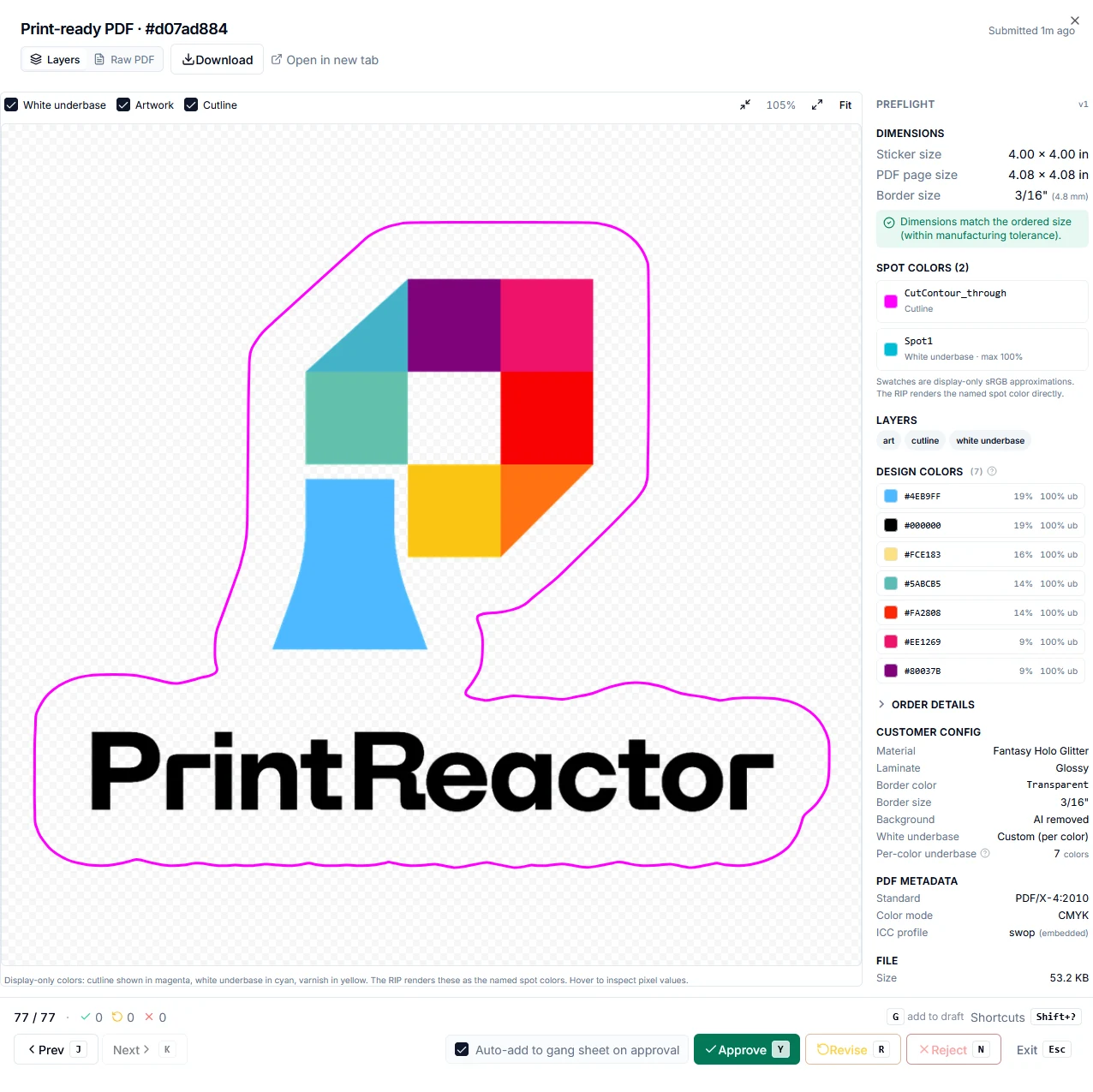 PrintReactor preflight bench showing a print-ready PDF with all layers visible and the full validation panel