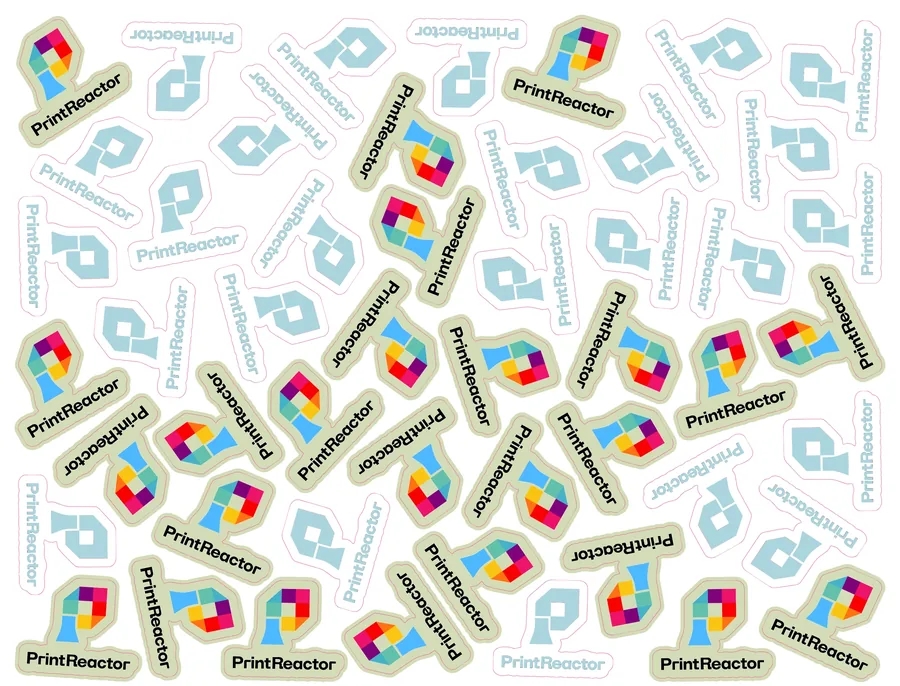 Contour-aware gang sheet: PrintReactor stickers rotated and packed tightly like puzzle pieces